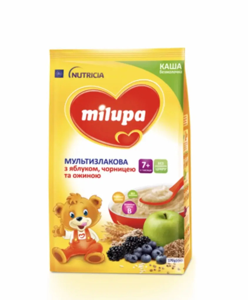 Безмолочна каша Milupa Мультизлакова з яблуком, чорницею та ожиною з 7 місяців, 170г.(Мілупа), фото 1