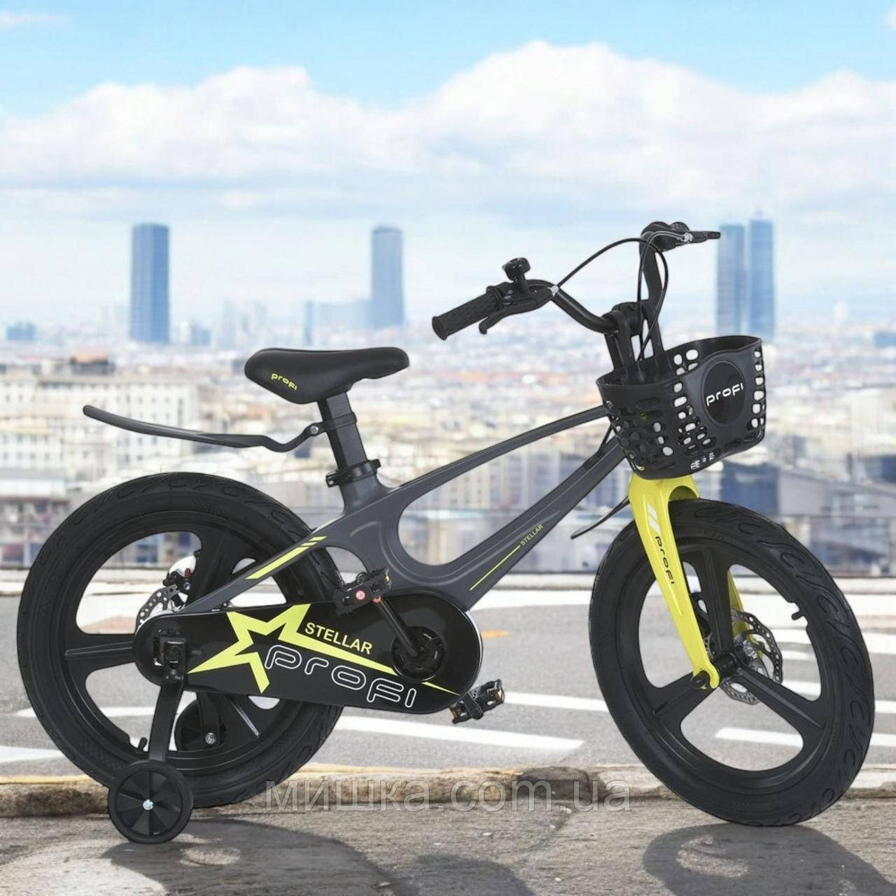 Дитячий магнієвий велосипед, доп.колеса, крила, кошик, дискові гальма, PROF1 18", фото 1