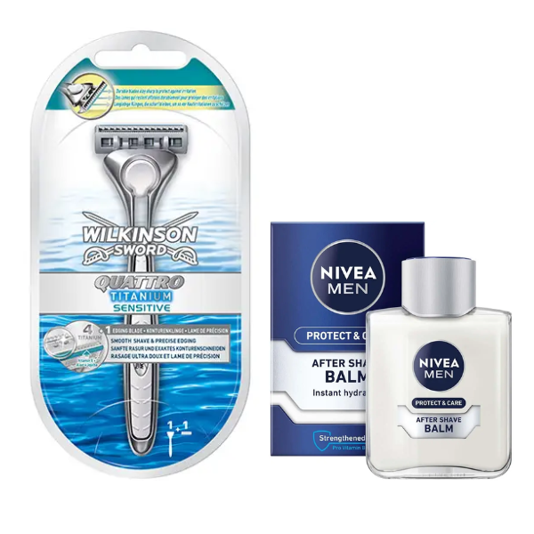 Станок для гоління Wilkinson Sword Quattro Titanium Sensitive + Бальзам Nivea Men Protect & Care 100 мл