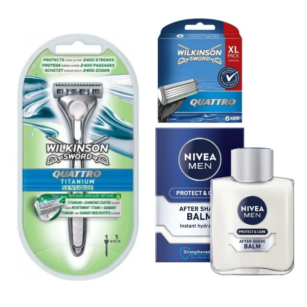 Станок для гоління Wilkinson Sword Quattro Titanium Sensitive + 6 картриджів + Бальзам Nivea Men Protect & Care 100 мл