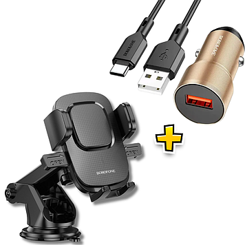 Тримач для телефонана присосці на торпеду на лобове скло + зарядний пристрій в автомобіль Borofone