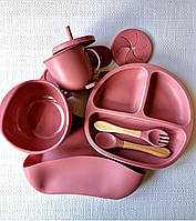 Набір ЕКО Посуду з Силікону для прикорму для годування дитини [7 предметів] Прилади з ручками з дерева бук .Колір рожевий