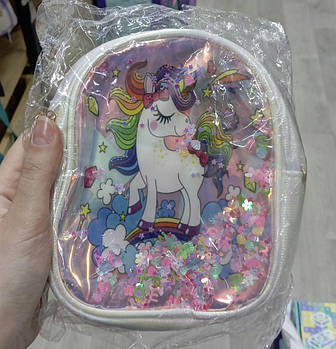 Рюкзак сумочка перламутровий дитячий силіконовий 15*18 см на блискавці принт Єдиноріг Luna