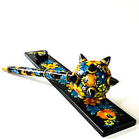 Булава Петриківський розпис ЖОВТО-БЛАКИТНІ КВІТИ з дерева 40 см на підставці Український сувенір