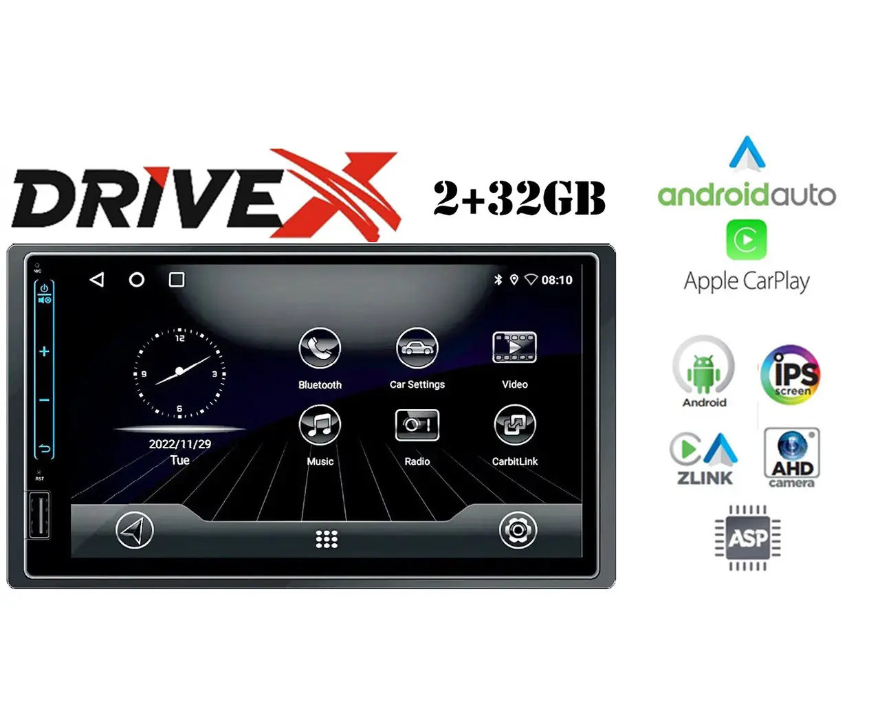 Магнітола 2DIN DriveX UN2 AND 7" Android 10, 2/32 ГБ, 4 ядра, Bluetooth, GPS, CarPlay, Android Auto