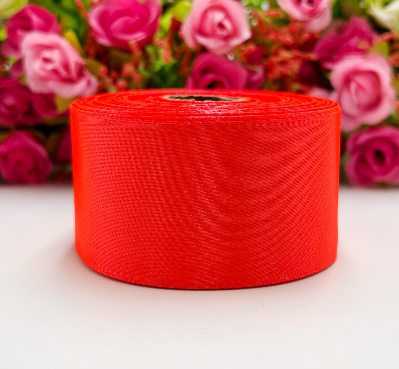 Атласна стрічка для рукоділля - 4 см x 23 м / Помаранчевий неон, фото 1