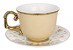 Чашка порцелянова бежева із золотою каймою Гортензія 220 мл із блюдцем BonaDi