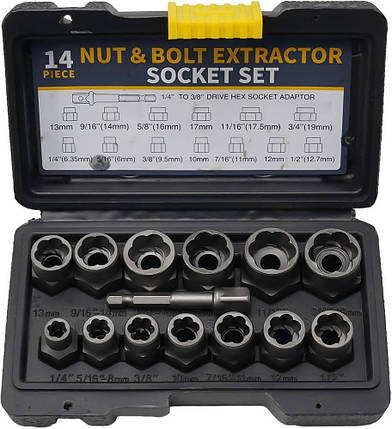 Набір для видалення зірваних болтів і гайок, 14 предметів Nut Extractor ES-14, екстрактори для пошкодженого кріплення, фото 1