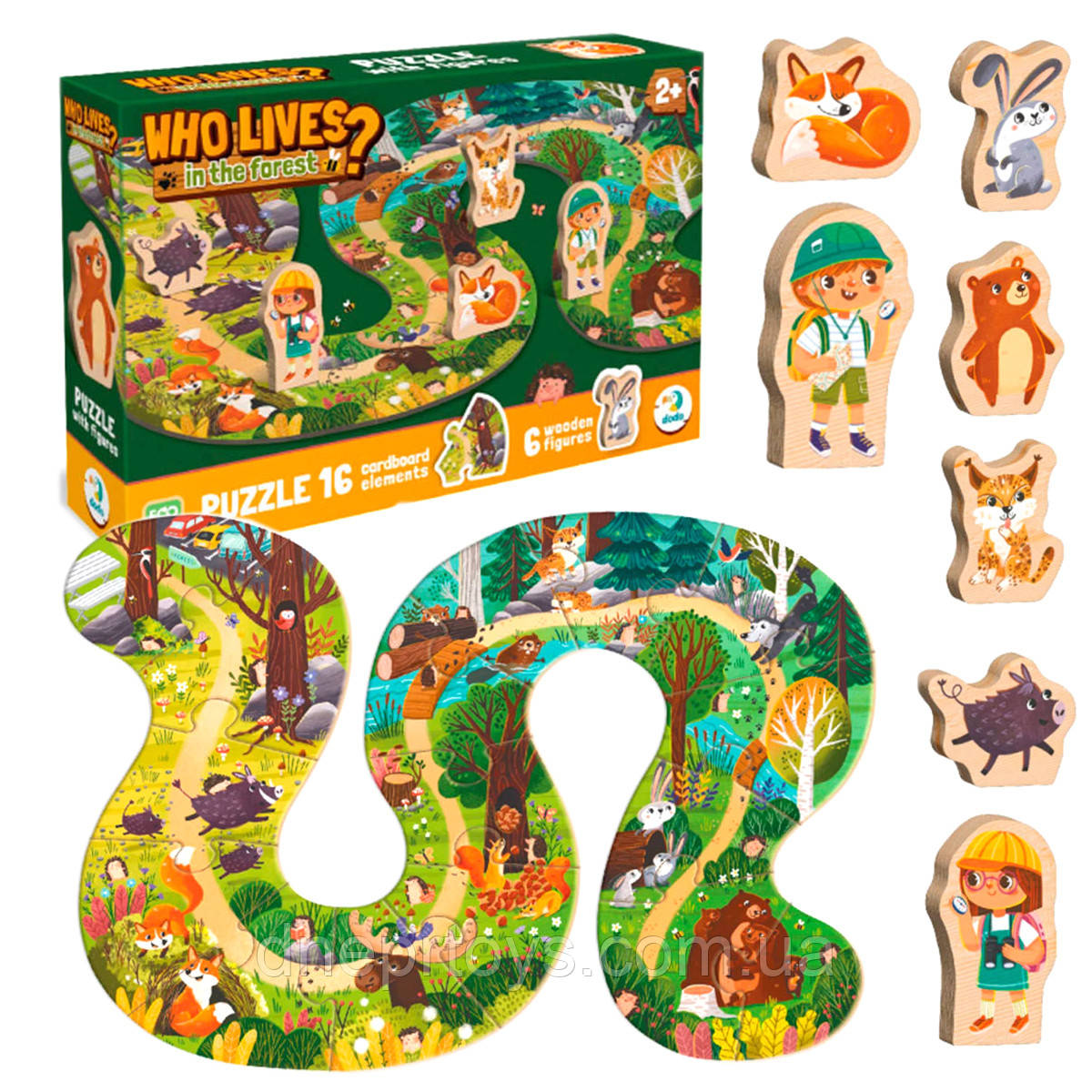 Гра Пазл Хто живе в лісі DoDo 16 елем дерево 45х68 см в кор 20*6*31,5 см (300608), фото 1