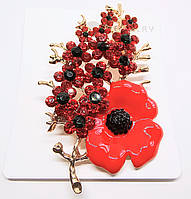 Брошка Finding Мак гілочка квітів стрази Червоні зелені золотиста основа 7.5 см х 4.5 см