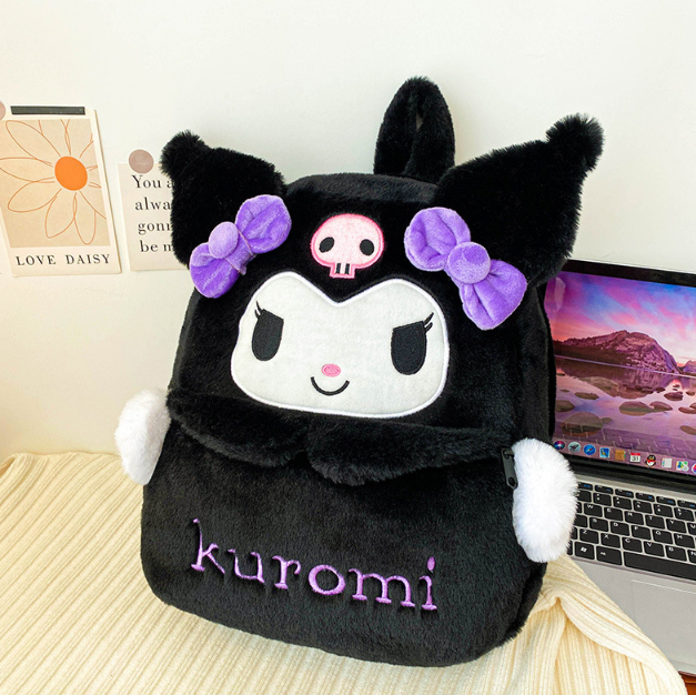 Рюкзак Kuromi плюшевий 38×35×12 см Великий м’який рюкзак чорний