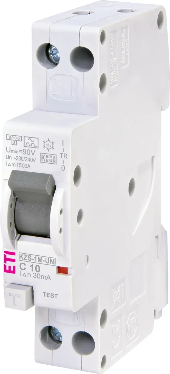 Диф. автоматичний вимикач KZS-1M UNI C 10/0,03 тип A (6kA) (універс. підключення), ЕТІ