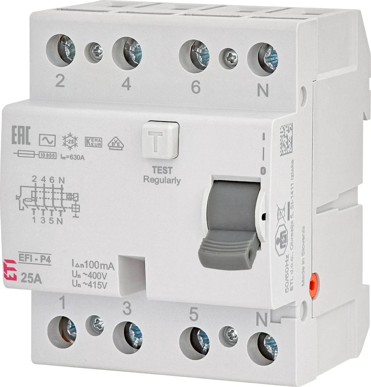 Реле диференційне (ПЗВ) 4р EFI-P4 25/0,1 тип AC (10kA), ЕТІ