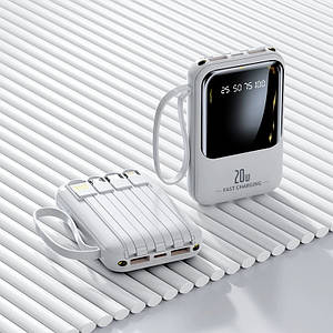 Power Bank Повербанк TRY 10000mAh 20W з кабелями (micro USB, Type-C, Lightning, USB) з дисплеєм білий