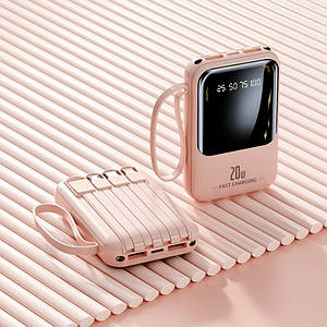 Power Bank Повербанк TRY 10000mAh 20W з кабелями (micro USB, Type-C, Lightning, USB) з дисплеєм рожевий