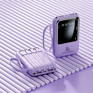 Power Bank Повербанк TRY 10000mAh 20W з кабелями (micro USB, Type-C, Lightning, USB) з дисплеєм фіолетовий