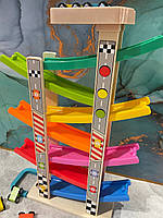 Дерев'яна іграшка Трек MD 2541 машинки розміром 4см 8шт, в коробці, 30-44-10,5см, фото 2