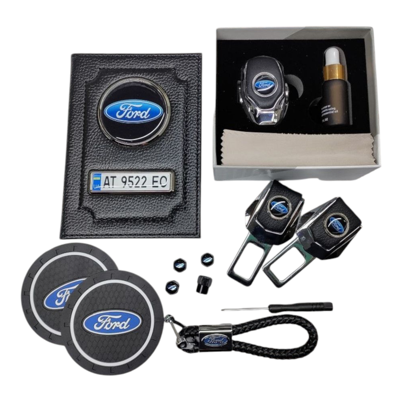 Комплект з логотипом Ford, обкладинка для документів форд, ароматизатор, ковпачки, підсклянники