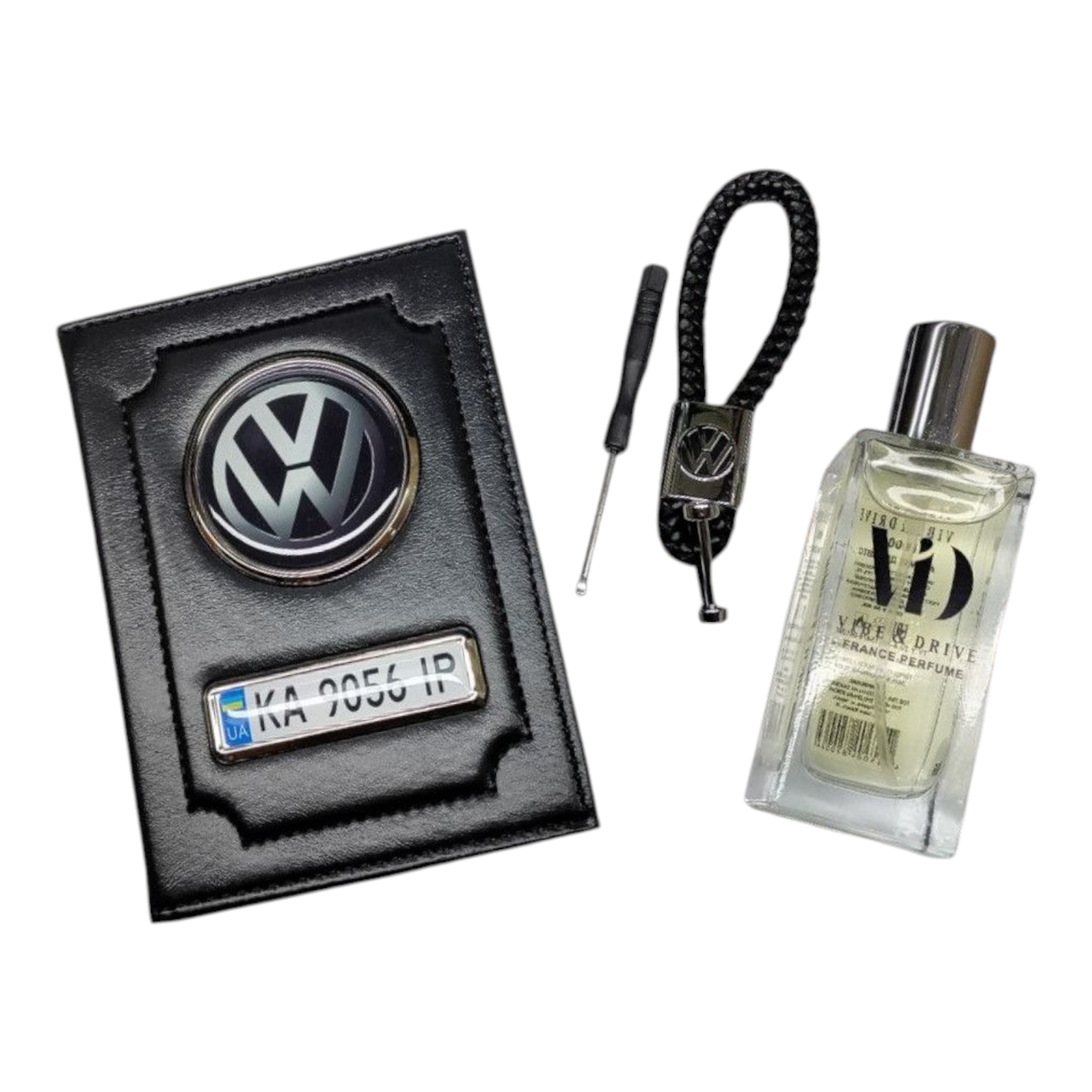 Комплект з логотипом Volkswagen, обкладинка для документів фольксваген, брелок, ароматизатор спрей 50мл