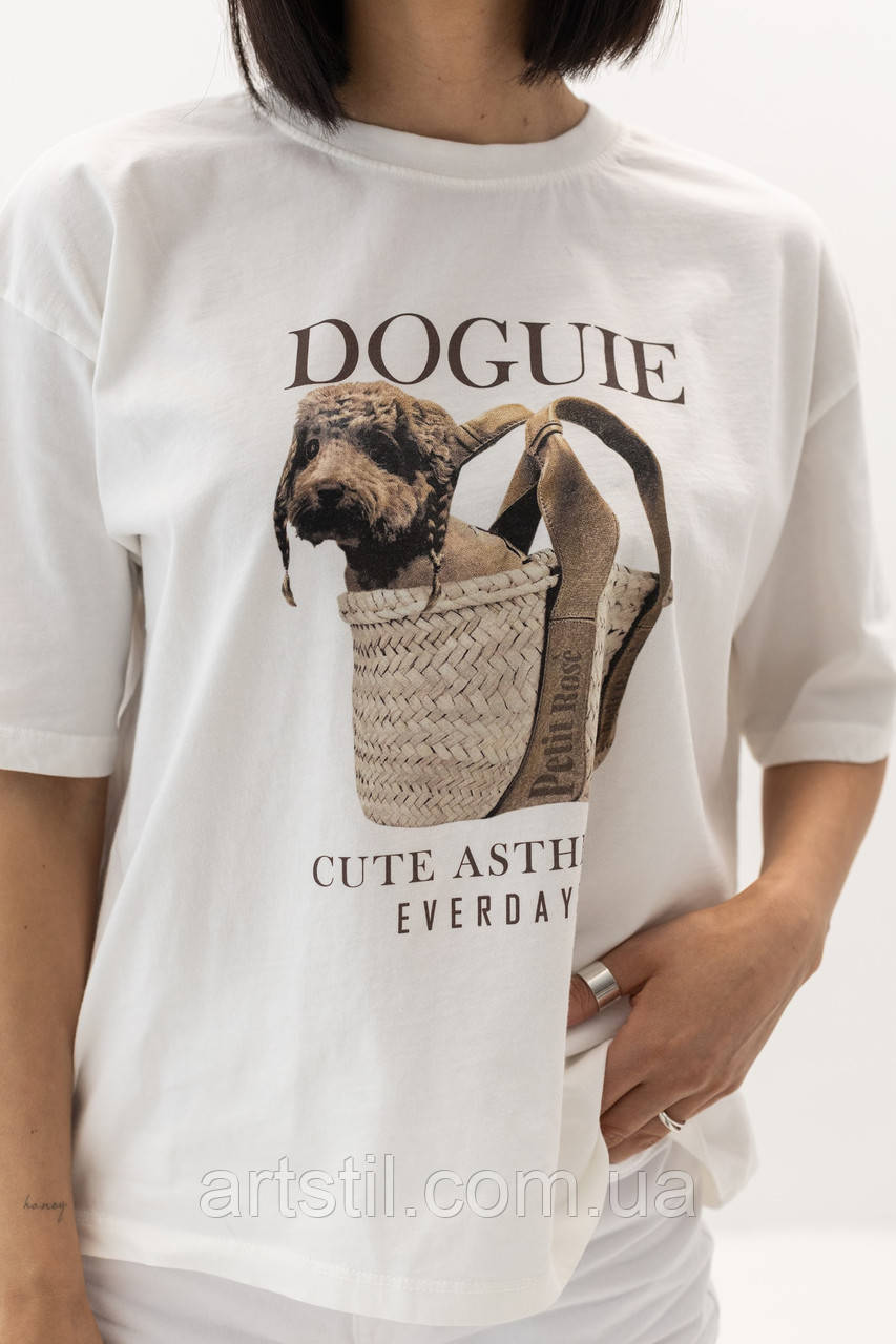 Футболка молодіжна біла Doguie, футболка з собачкою, жіноча футболка, молочного кольору футболка
