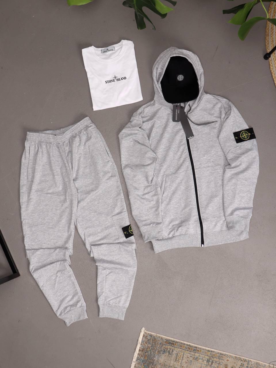 Чоловічий спортивний костюм Stone Island 4в1 Толстовка + Штани + Футболка + Кепка сірий на блискавці Стон Айленд