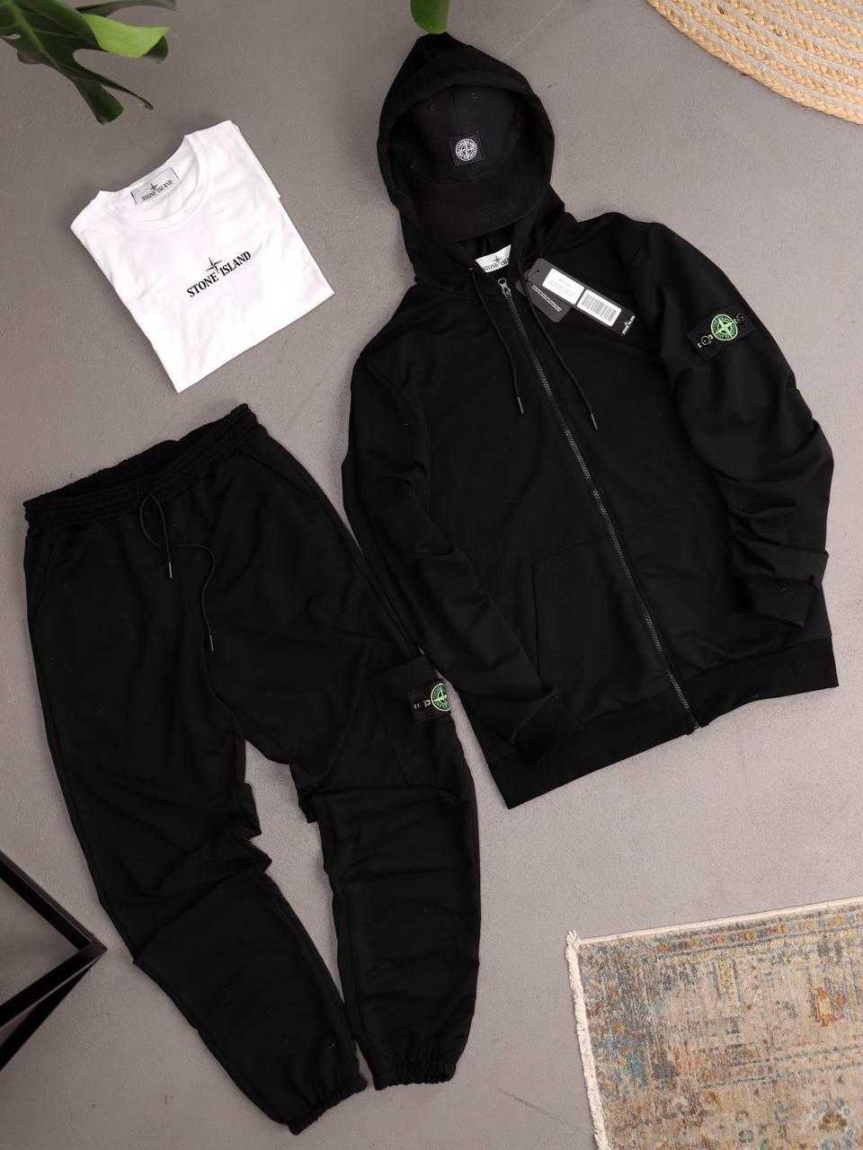 Чоловічий спортивний костюм Stone Island Толстовка + Штани + Футболка + Кепка чорний на блискавці Стон Айленд