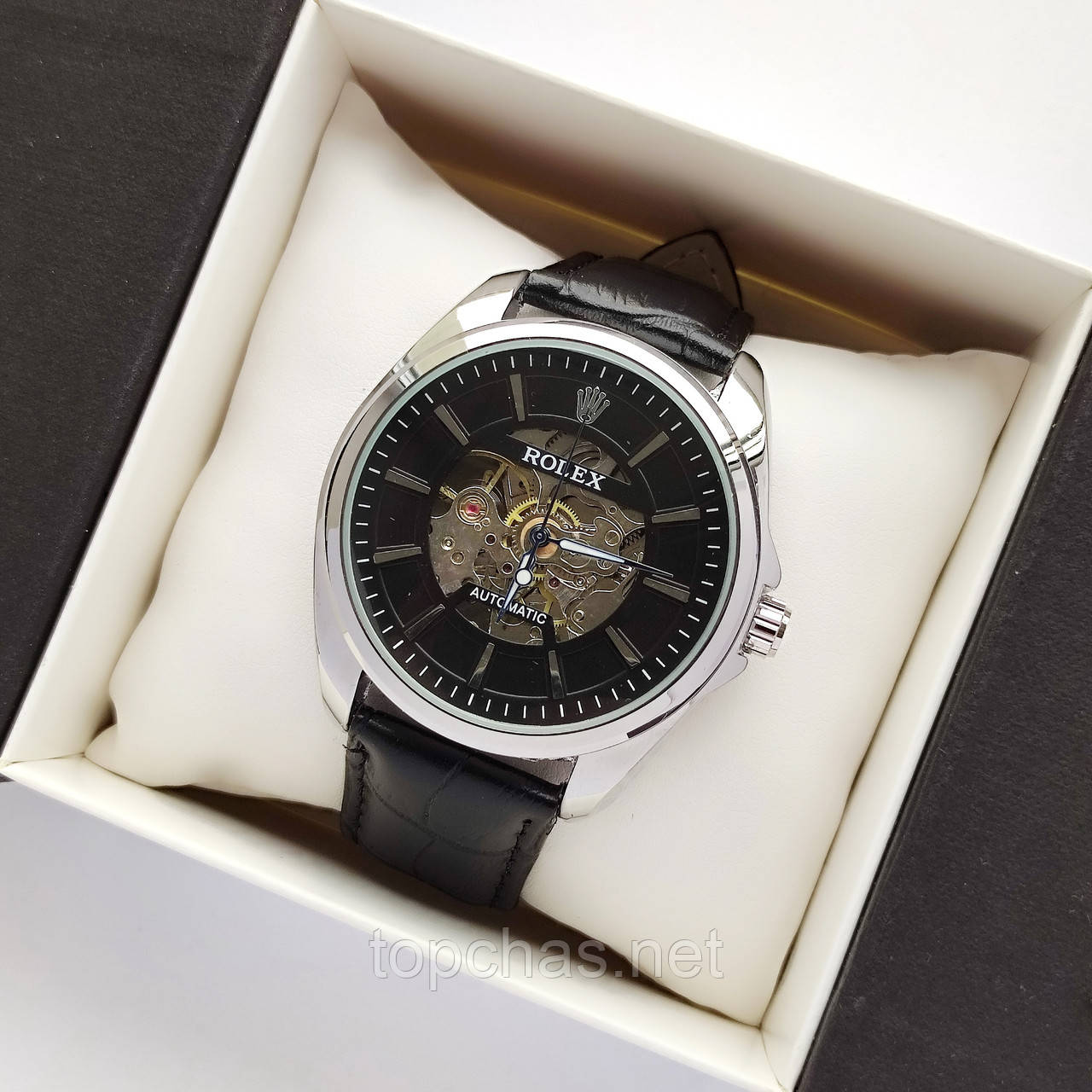 Чоловічий механічний наручний годинник Rolex (ролекс) на ремінці, сріблястий з чорним циферблатом - код 2475b