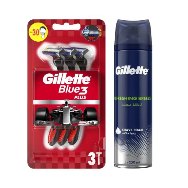 Набір Gillette Blue 3 Plus Red (3 шт) + Піна Gillette Refreshing Breeze 250 мл