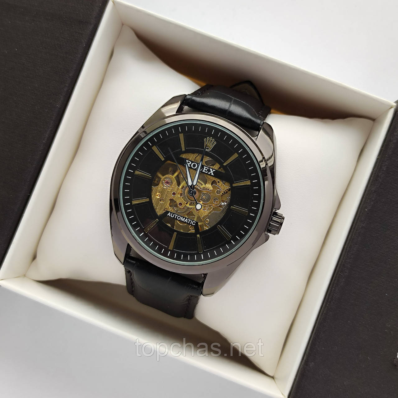 Чоловічий механічний наручний годинник Rolex (ролекс) на ремінці, чорий з чорним циферблатом - код 2476b