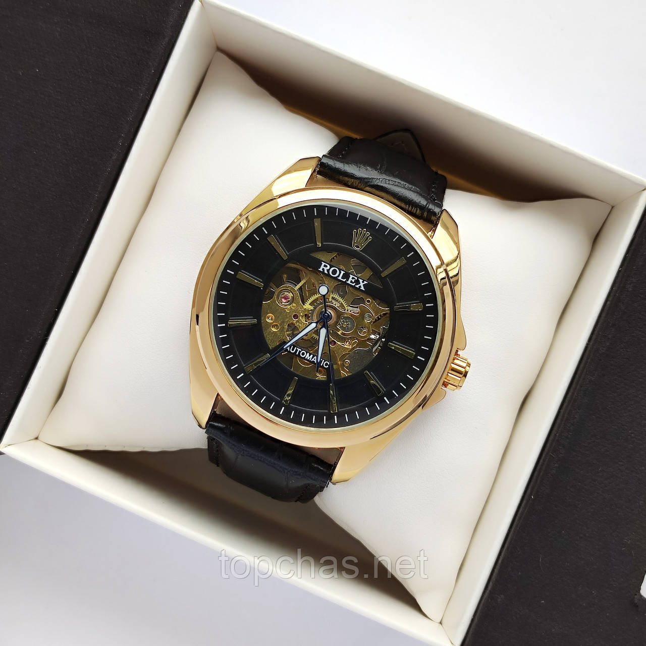Чоловічий механічний наручний годинник Rolex (ролекс) на ремінці, золотий з чорним циферблатом - код 2477b