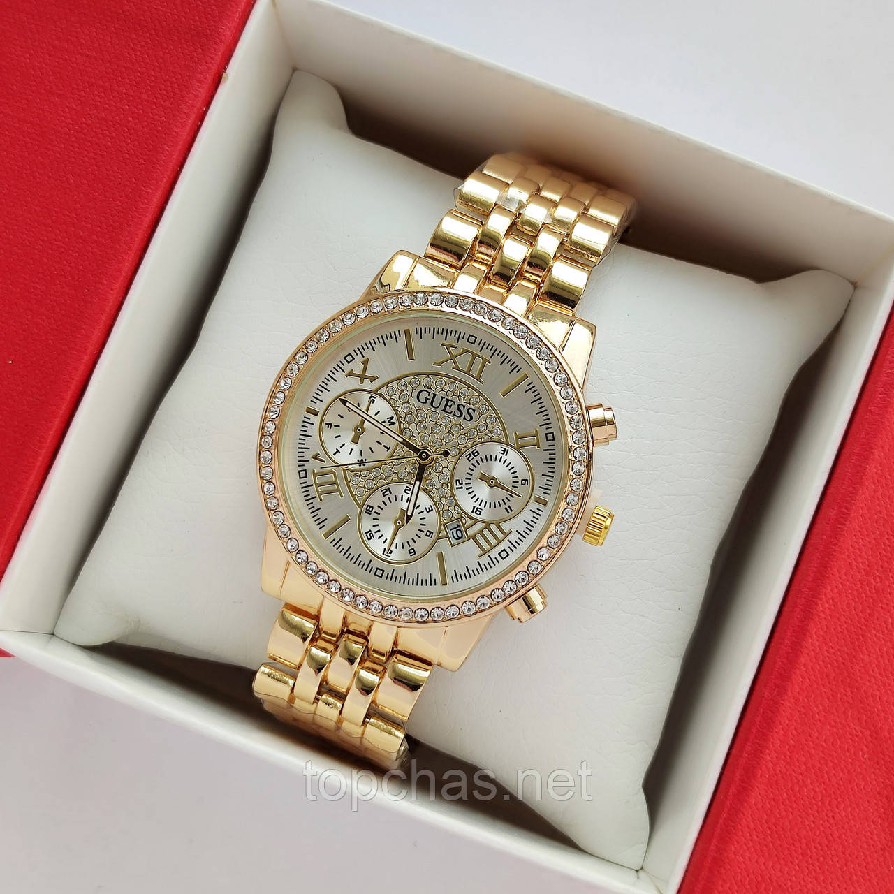 Жіночий наручний годинник Guess (Гес) золотисті зі світлим циферблатом, камінчики навколо, дата - код 2478b