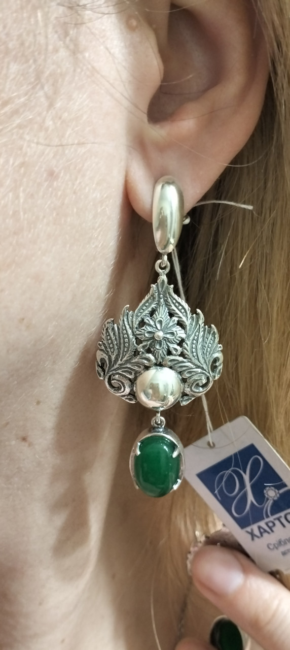 Срібні сережки-підвіски з зеленим агатом., фото 1