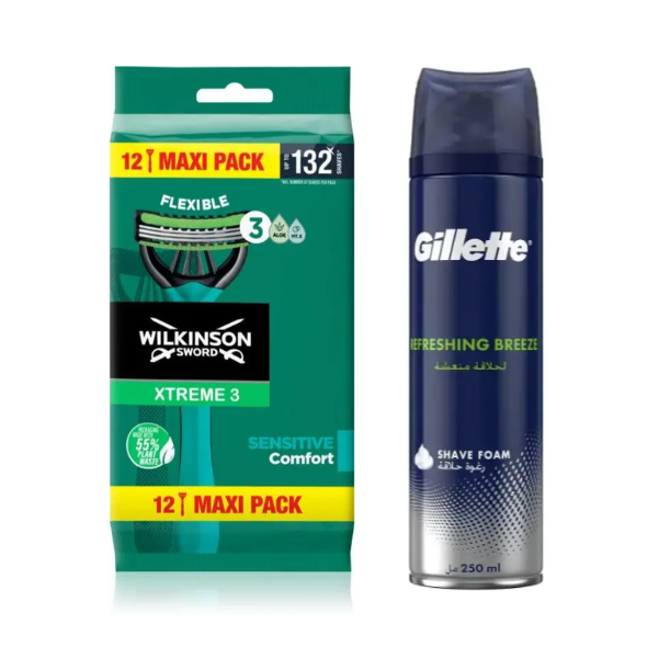 Одноразові станки Wilkinson Sword Xtreme 3 Sensitive (12 шт.) + Піна Gillette Refreshing Breeze 250 мл