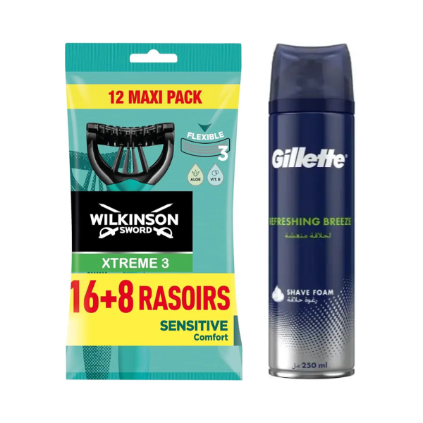 Одноразові станки Wilkinson Sword Xtreme 3 Sensitive (16+8 шт.) + Піна Gillette Refreshing Breeze 250 мл