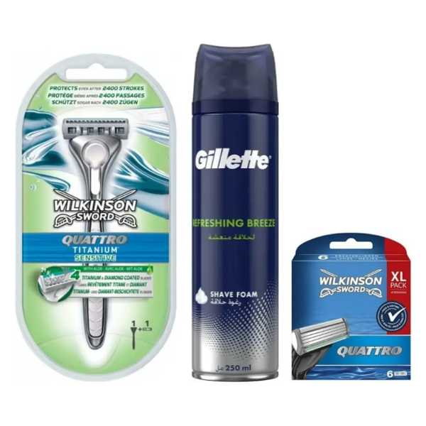 Станок Wilkinson Sword Quattro Titanium Sensitive + 6 картриджів + Піна Gillette Refreshing Breeze 250 мл, фото 1
