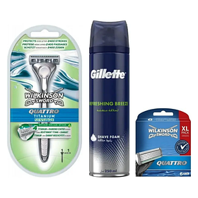 Станок Wilkinson Sword Quattro Titanium Sensitive + 6 картриджів + Піна Gillette Refreshing Breeze 250 мл