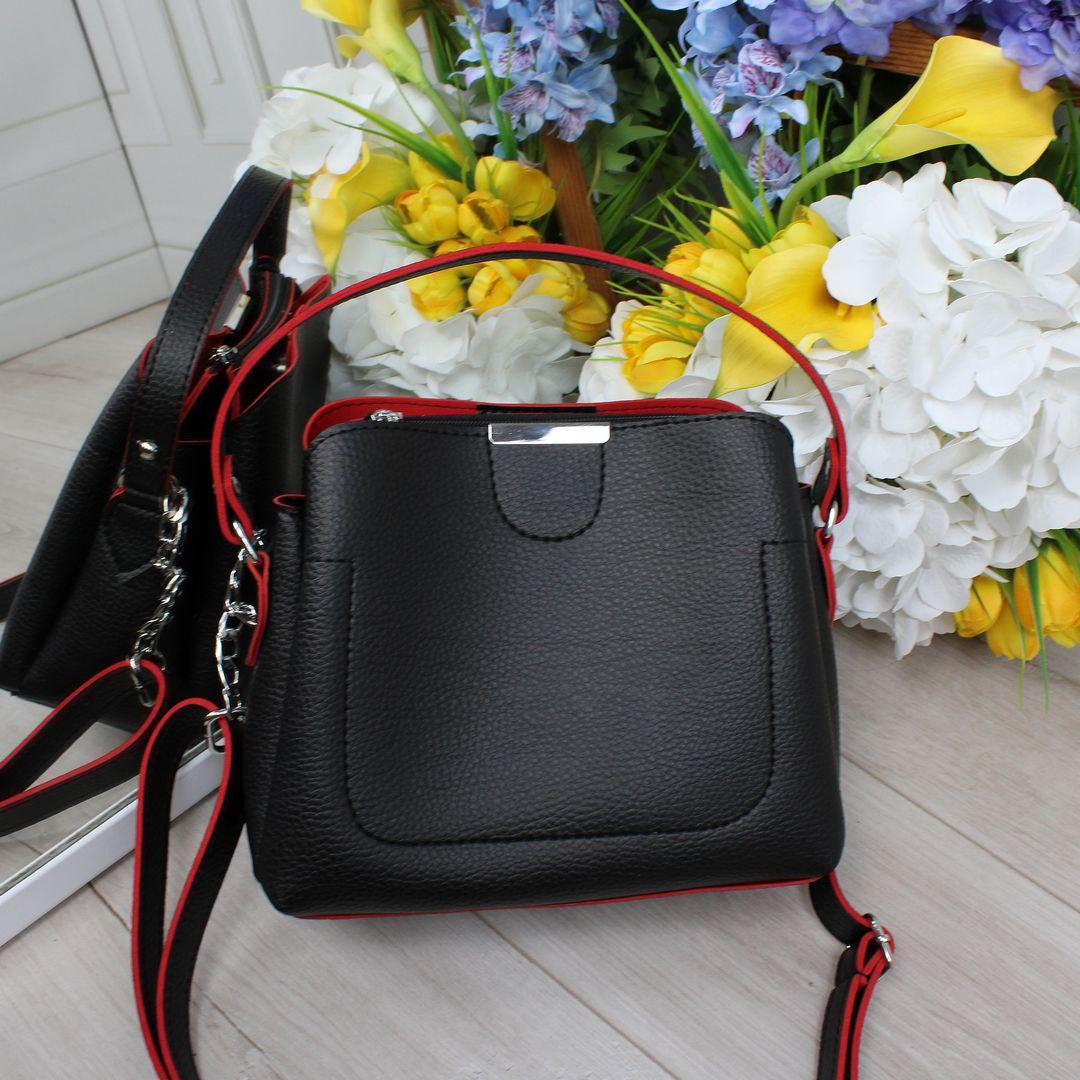 Маленька жіноча сумочка через плече невелика сумка крос-боді чорна з червоним шкірзам