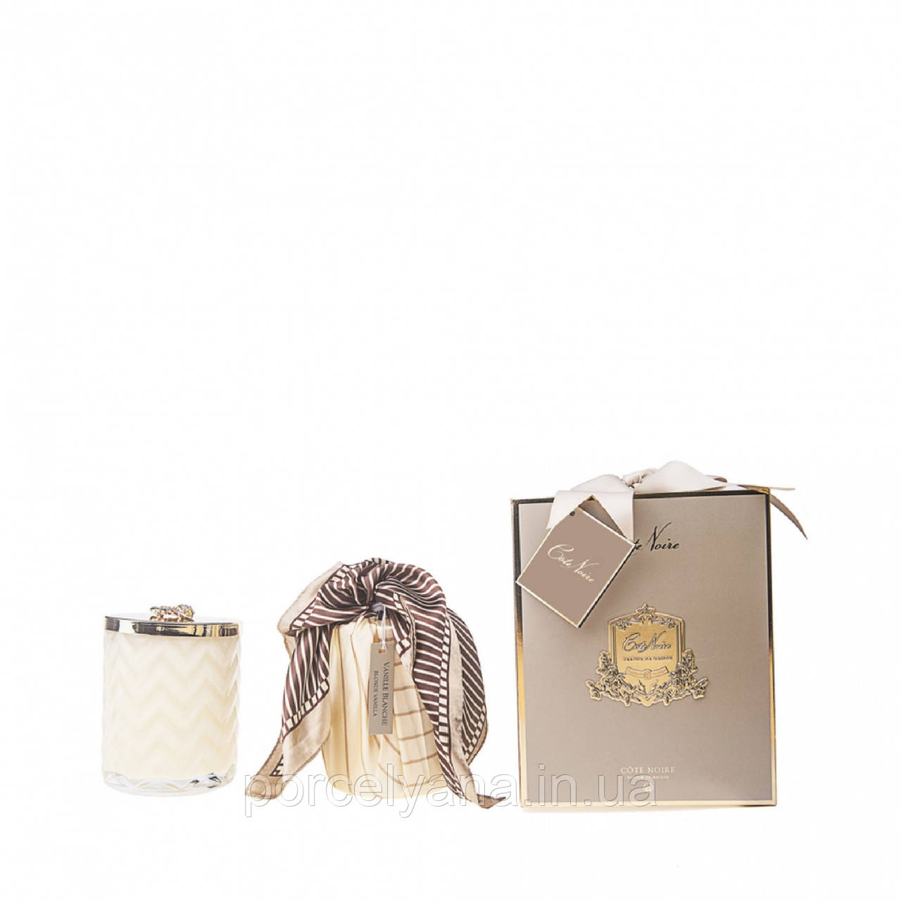 Аромасвічка Cote Noire Herringbone Vanille Blanche 600г кремова з хусткою, фото 1