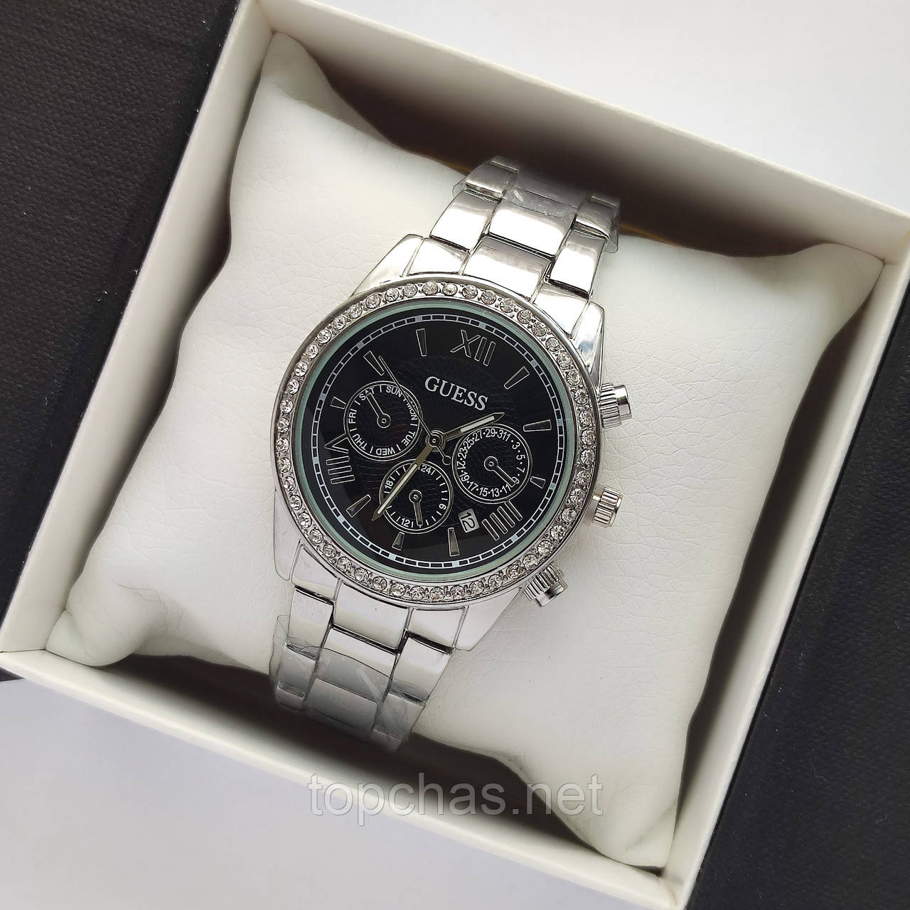 Наручний жіночий годинник Guess (Гес) сріблястий з чорним циферблатом, камінчики навколо. дата - код 2481b