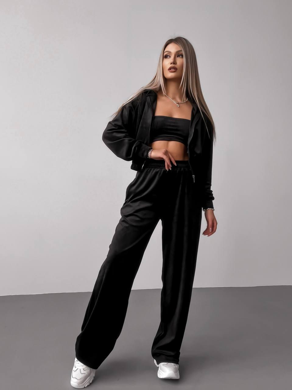 ЖЖіночий велюровий літній костюм трійка м'який прогулянковий костюм велюр кофта на блискавці топ штани палаццо, фото 1