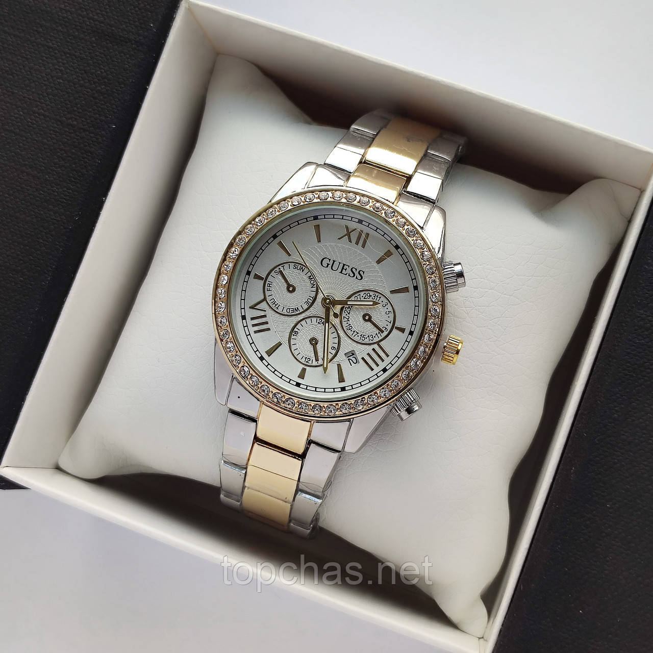 Жіночий наручний годинник Guess (Гес) комбінований з білим, камінчики навколо циферблата - код 2484b