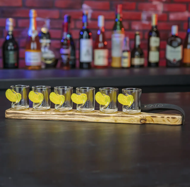 Набір із 6 чарок "Мандарини" з художнім вставками на дерев'яній підставці ручна робота, фото 1