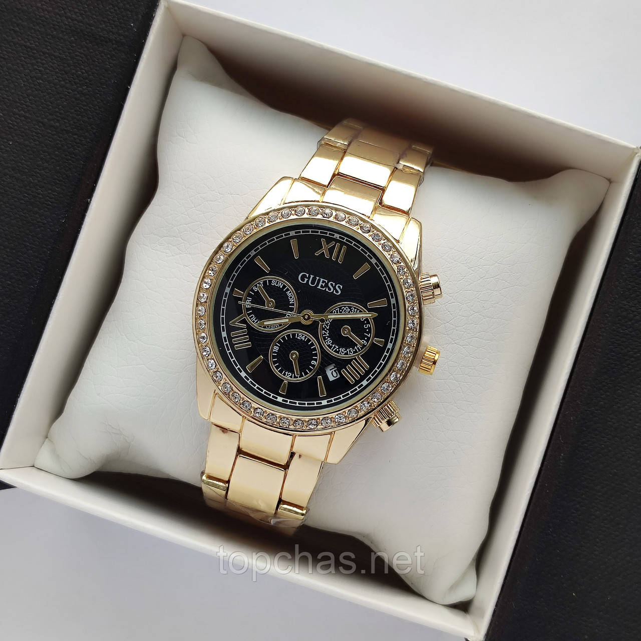 Жіночий наручний годинник Guess (Гес) золотисті з чорним циферблатом, камінчики навколо, дата - код 2486b