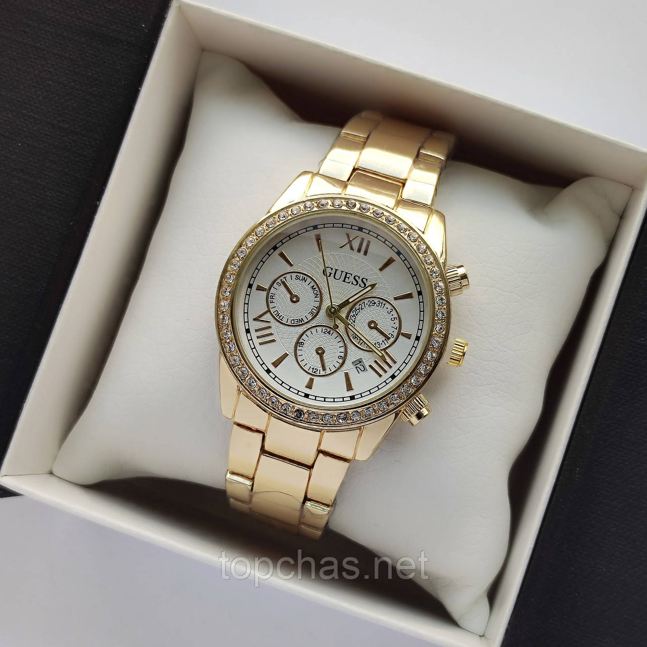 Жіночий наручний годинник Guess (Гес) золотисті з білим циферблатом, камінчики навколо, дата - код 2487b