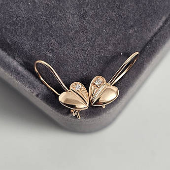 Сережки золоті сердечка з білими фіанітами та французькою застібкою