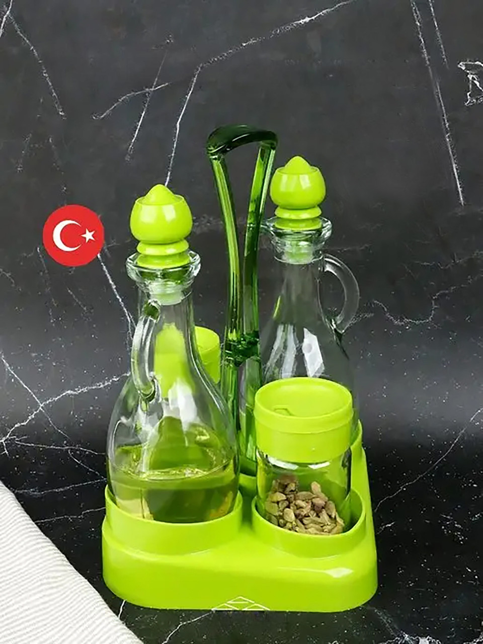 Набір для спецій та соусів на підставці з тримачем 4 предмети, сільничка перечниця пляшка для соусів Renga, фото 1
