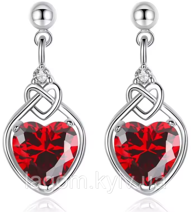 Срібні сережки Silver Heart з червоним сердечком 925 проба кульчики срібло