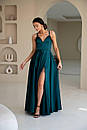 Вечірня зелена атласна сукня довга з розрізом і пишною спідницею, фото 2