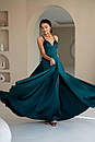 Вечірня зелена атласна сукня довга з розрізом і пишною спідницею, фото 3