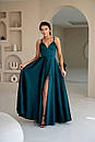 Вечірня зелена атласна сукня довга з розрізом і пишною спідницею, фото 4